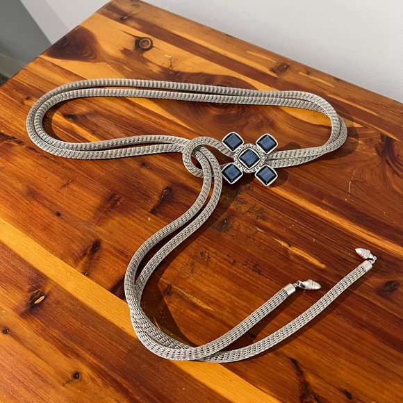 Sarah Cavender Metalworks Accessories - Handmade vintage Silver Mesh Lariat belt with Blue Stone Buckle Accent